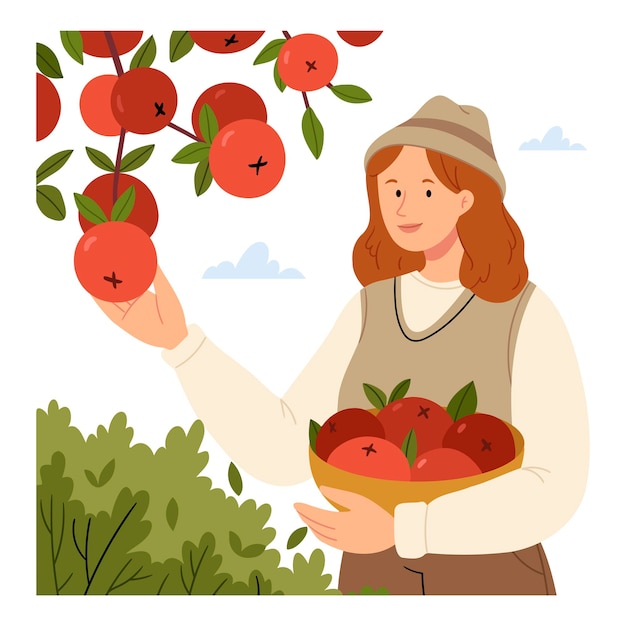 Mädchen pflückt ÄpfelErntekonzeptHandgezeichnete flache Vektorillustration isoliert auf weißem Hintergrund