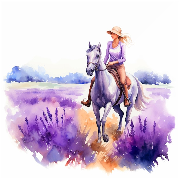 Mädchen reitet auf einem Pferd in Lavendelfeldern Aquarellmalerei