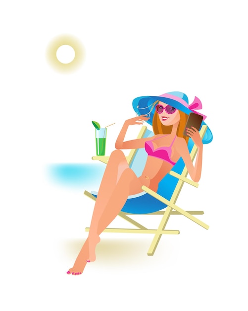 Mädchen ruht sich beim Sonnenbaden am Strand aus und trinkt einen Cocktail, der ein Selfie macht