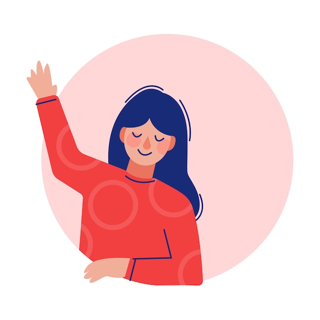 Mädchen schaut aus dem runden Rahmen Teenager winkt mit der Hand in Kreis Fensterloch Vektor-Illustration