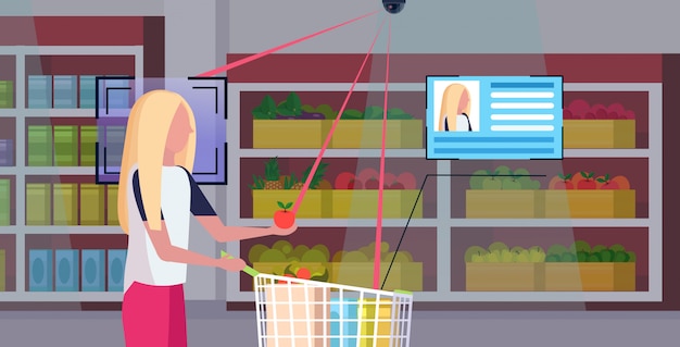 Mädchen schieben Einkaufswagen mit Lebensmitteln Identifizierung Gesichtserkennung Konzept Überwachungskamera Überwachung CCTV-System Lebensmittelgeschäft Supermarkt Innenporträt Interieur horizontal