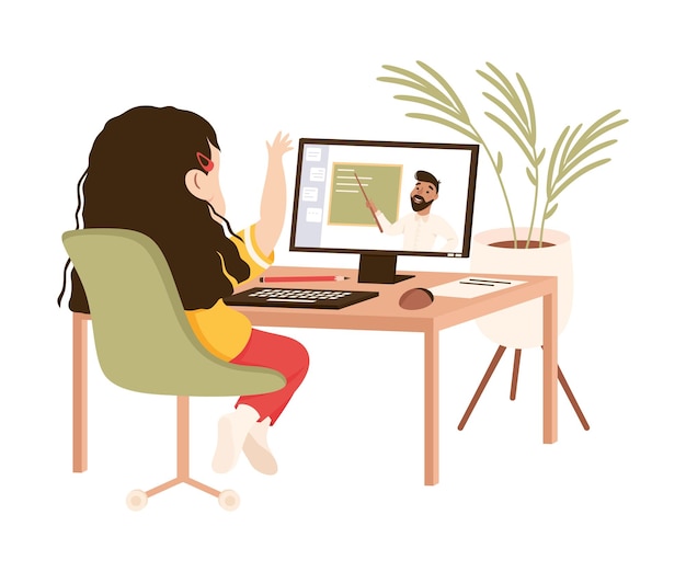Mädchen sitzt an ihrem Schreibtisch, hat Online-Unterricht, Hausunterricht, Fernunterricht, Konzept, Cartoon-Stil, Vektor-Illustration