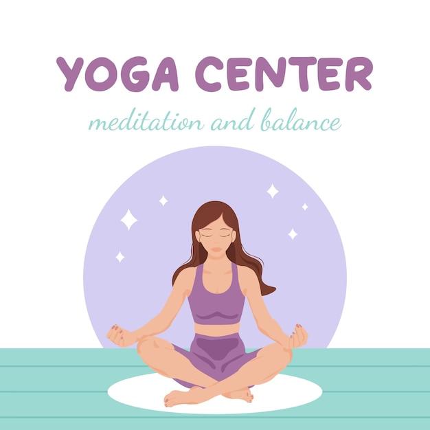 Vektor mädchen sitzt in der lotusposition yoga-zentrum meditation und gleichgewicht