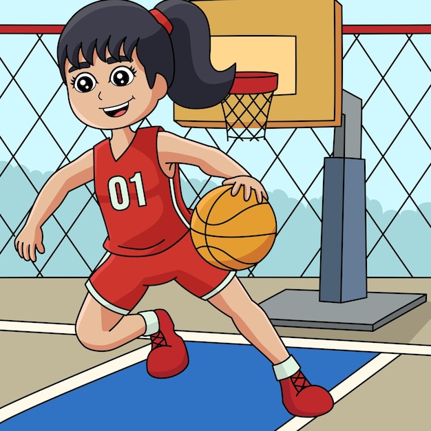 Mädchen spielen basketball farbige cartoon