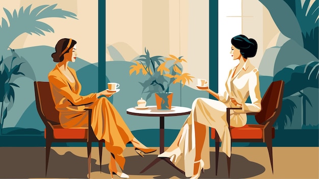 Mädchen trinkt kaffee junges stilvolles mädchen sitzt in einem café vektor flache illustration im stil der siebziger jahre gemütliche morgenkaffee