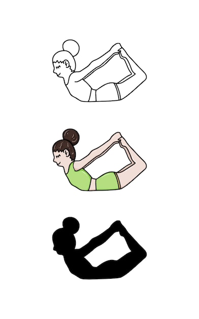 Mädchen tun yoga sport gesunder lebensstil kritzeln lineares cartoon-malbuch