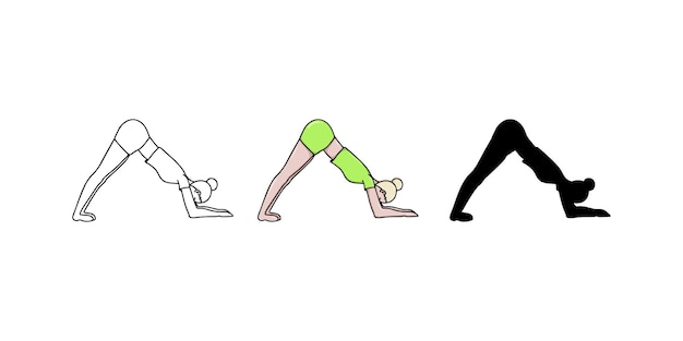 Mädchen tun yoga sport gesunder lebensstil kritzeln lineares cartoon-malbuch