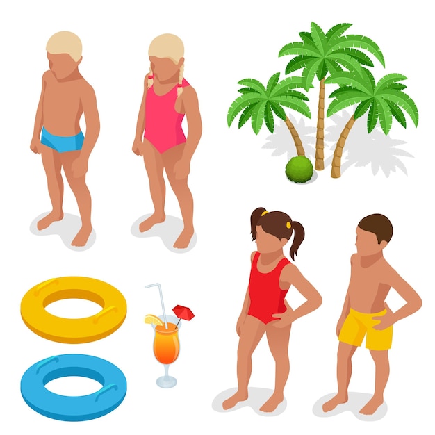 Mädchen und junge im badeanzug, palme, schwimmweste, orangensaft. sommer flache isometrische 3d-vektor-set-symbole.