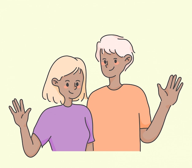 Mädchen und junge winken handgruß niedliche leute illustration