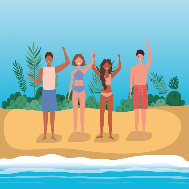 Vektor mädchen- und jungenkarikaturen mit badeanzug am strand mit sträuchern, vektordesign