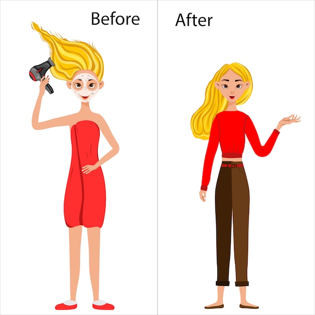 Mädchen vor und nach dem haarstyling. cartoon-stil. illustration.