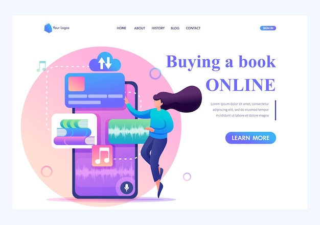 Mädchen wählt und kauft ein buch online mit einer mobilen app flacher 2d-charakter landing page konzepte und webdesign