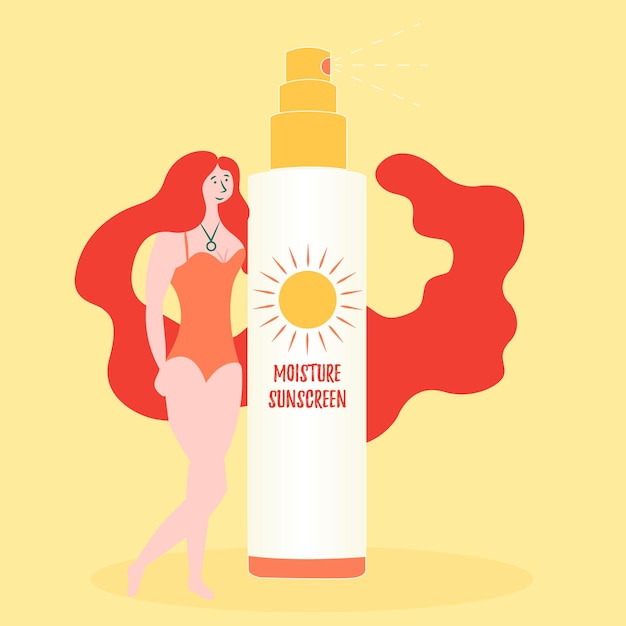 Mädchen wirbt für spray zum schutz vor sonne uv-sonnenstrahlung sonnenschutzmittel feuchtigkeit