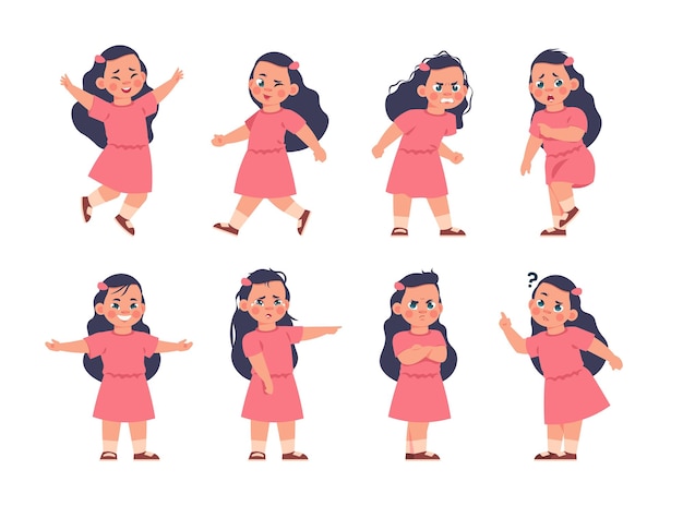 Mädchenausdrücke cartoon-kind mit verschiedenen arten von emotionen lächeln oder trauriges weinen und glückliches kind isoliertes baby winkt mit den händen beim gehen und springen vektorposen und gesten festgelegt