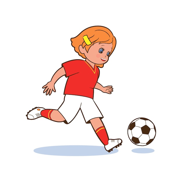 Mädchenfußballspieler, der einen fußball tritt. isolierte vektor-illustration im cartoon-stil auf weißem hintergrund für kinder