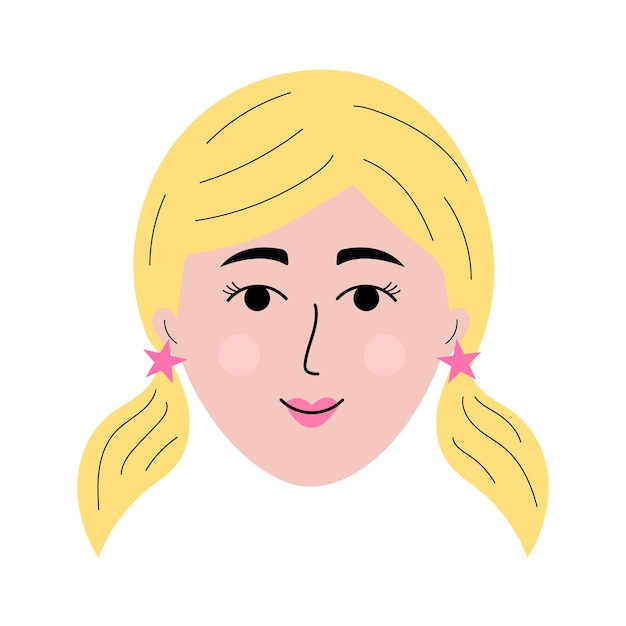 Vektor mädchengesicht im doodle-stil bunter avatar einer blonden frau mit pferdeschwänzen