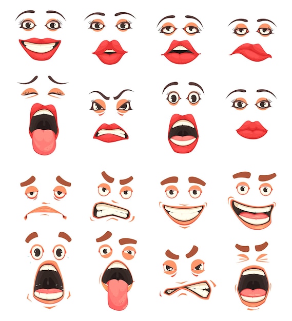 Männer frauen süßer mund lippen augen gesichtsausdrücke gesten groteske komische emotionen cartoon großer satz vektorillustration