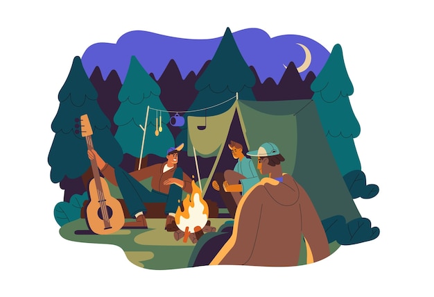 Männer Freunde im Lager sitzen bei Nacht am Lagerfeuer im Zelt im Naturwald Fröhliche Menschen entspannen am Lagerfeuer auf dem Campingplatz im Wald im Sommerurlaub Flache Vektordarstellung isoliert auf weißem Hintergrund