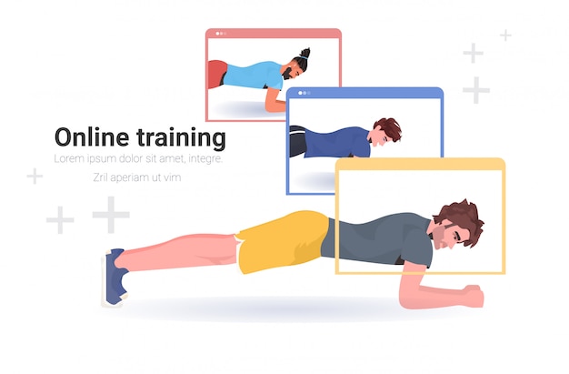 Männer machen fitness-übungen online-training gesunden lebensstil workout-konzept sportler in webbrowser windows horizontale kopie raum illustration