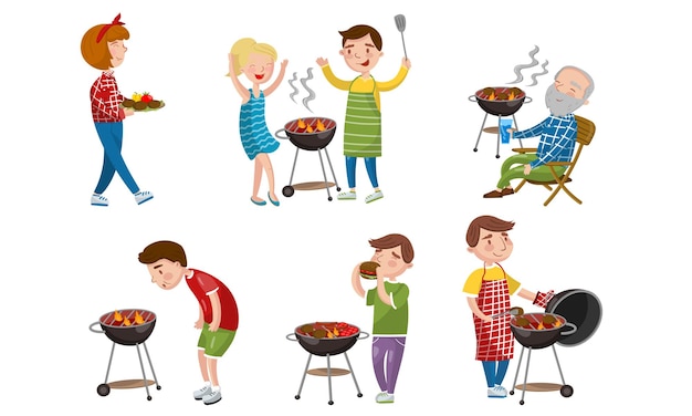 Vektor männer und frauen grillen im urlaub einen grill. vektorillustration