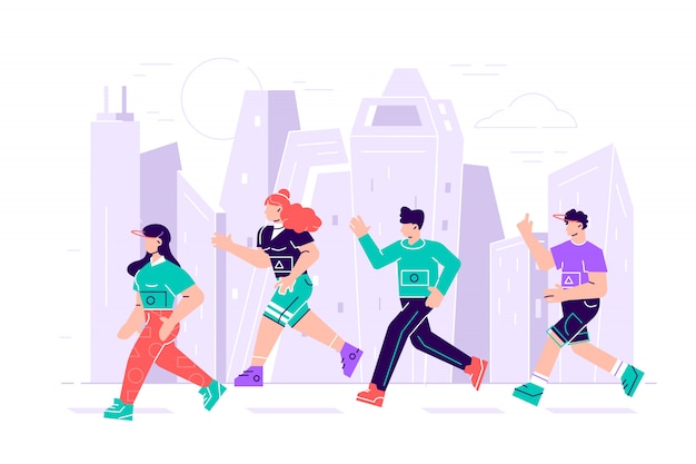 Männer und frauen in sportkleidung beim marathonlauf. teilnehmer eines leichtathletik-events, die versuchen, sich gegenseitig zu überholen. flache zeichentrickfiguren lokalisiert auf weißem hintergrund. illustration