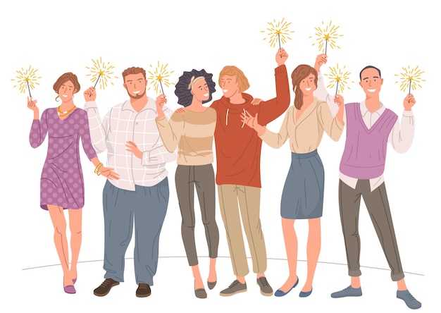 Männer und Frauen mit Wunderkerzen in der Hand
