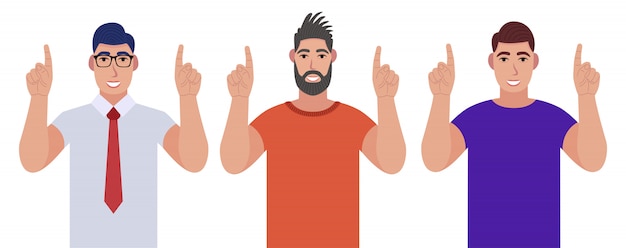 Männer zeigen mit den Fingern im Stehen und Lächeln. Zeigender Kopierraum. Zeichensatz.