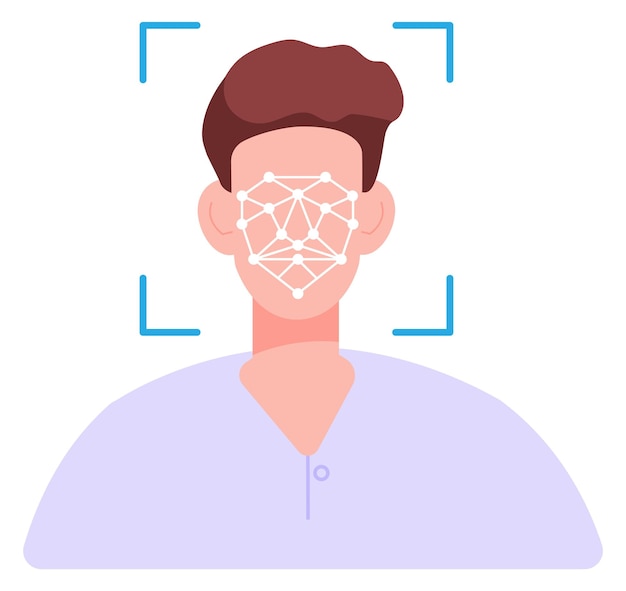 Vektor männergesicht im personenidentifikationsprozess erkennungsscan-app