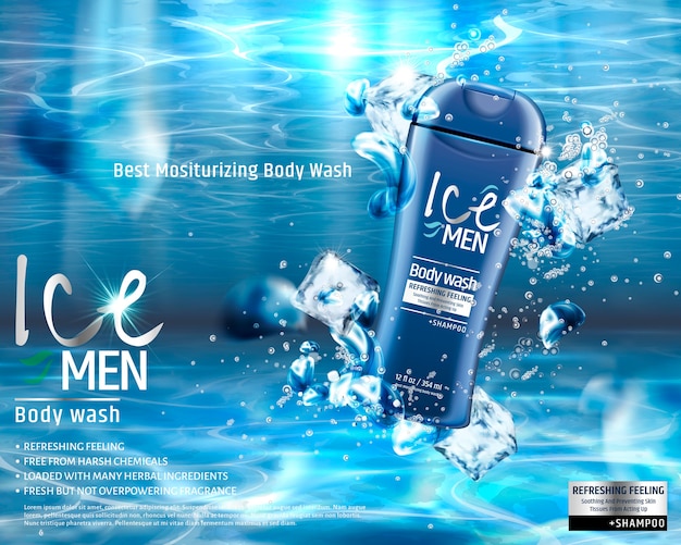 Männerkörperwäsche unter Wasser mit Eiswürfelelementen, Werbung für Männerpflegeprodukte