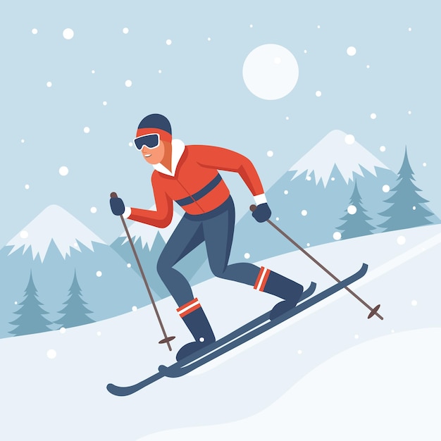 Männliche Figur auf Skis auf Bergwinterlandschaft Hintergrund Wintersport Outdoor-Sportaktivität