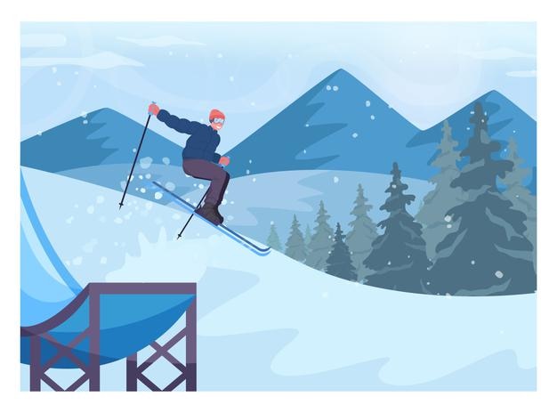 Männliche Figur mit Skispringen von einem Trampolin. Skifahrer durchführen