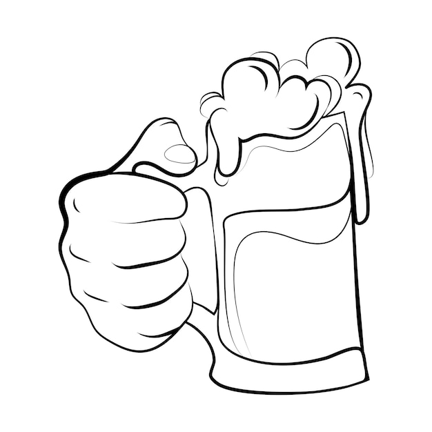 Männliche hand, die einen bierkrug mit schaumlinienemblem, logoschablonendesign-vektorillustration hält.