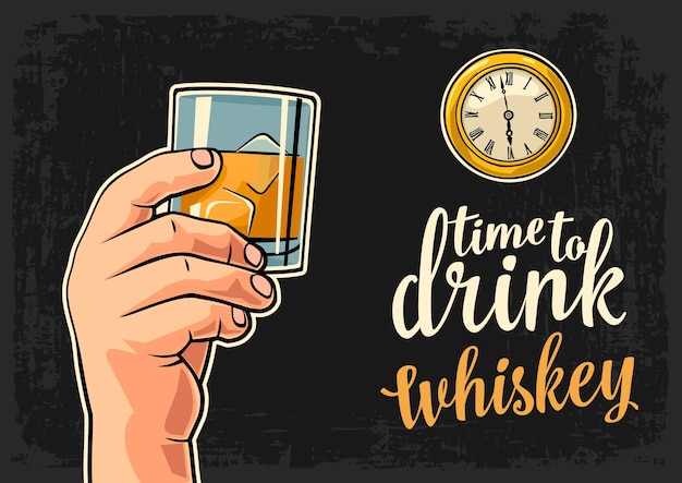 Vektor männliche hand, die glaswhisky und antike taschenuhr hält vektor-flache illustration zeit zum trinken?