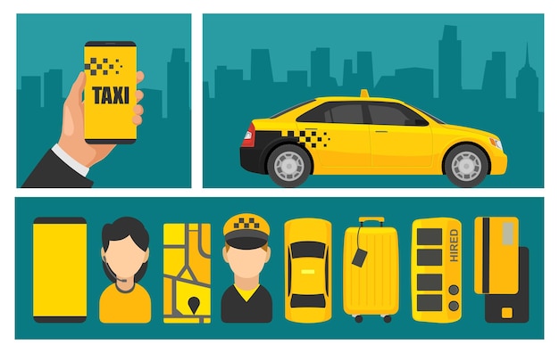 Männliche hand halten telefon mit schnittstelle auf einem bildschirm, der taxiservice bucht. flache vektorillustration. vorlage für poster, infografik, symbol, banner, präsentation, mobile app. hintergrund der panoramastadt