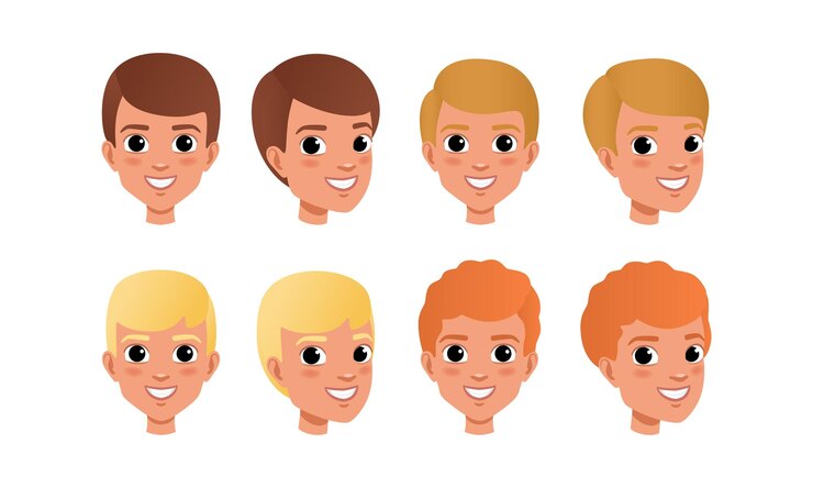 Vektor männliche köpfe gesetzt fröhliche kaukasische jungen charaktere mit verschiedenen frisuren frontalprofil drei viertel drehung ansicht cartoon-stil vektor-illustration