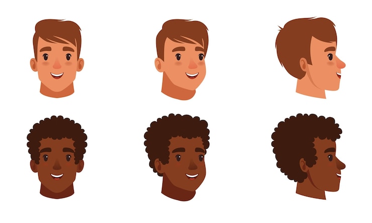 Vektor männliche köpfe set frontalprofil fröhliche kaukasische und afroamerikanische teenager jungen charaktere drei viertel drehen ansicht cartoon-stil vektor-illustration