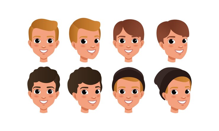 Vektor männliche köpfe set lächelnde jungen charaktere mit verschiedenen frisuren frontalprofil drei viertel dreh ansicht cartoon-stil vektor-illustration
