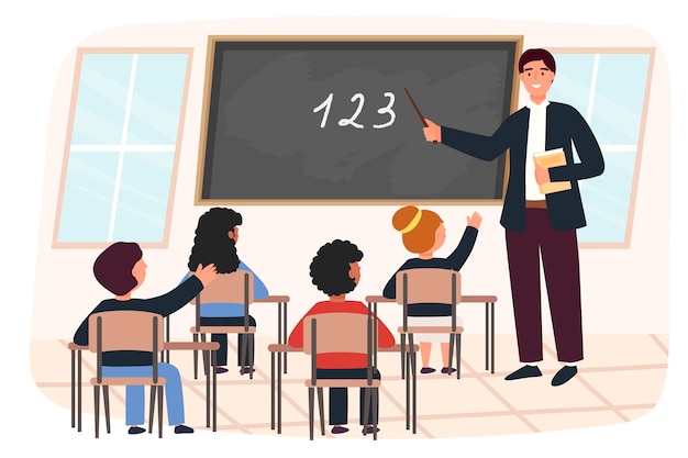 Männliche Lehrer und Gelehrte, Kinder, Jungen und Mädchen. Klasse. Vektorillustrationskonzept für die Schule. Zeitgenössischer Stil. Netter Charakter.