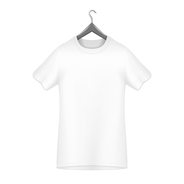 Männliche T-Shirt-Vorlage auf dem Kleiderbügel. Illustration isoliert auf dem Hintergrund. Grafisches Konzept für Ihr Design