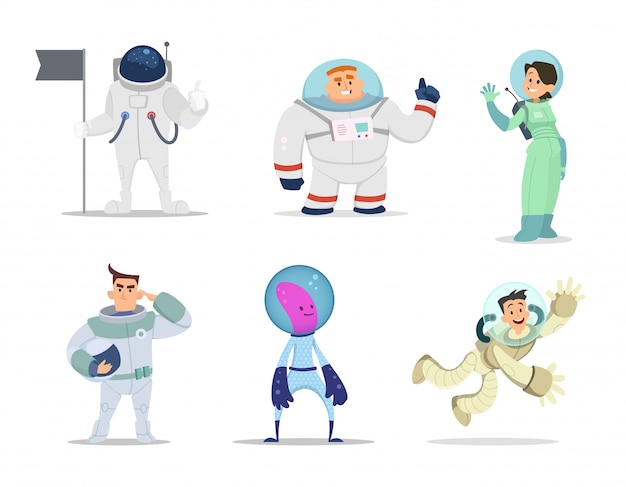 Männliche und weibliche astronauten. comicfiguren in aktion stellt