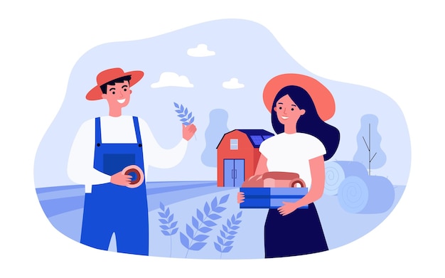 Männliche und weibliche bauern mit selbstgebackenem brot vor der scheune. glückliches paar, das brot in der flachen vektorillustration der landschaft macht. landwirtschaft, bäckereikonzept für banner, website-design oder landing page