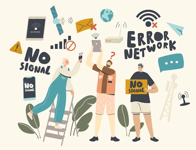 Männliche und weibliche charaktere, die versuchen, das signal des wifi-routers, netzwerkfehler, verlorene drahtlose internetverbindung zu suchen. moderne technologie, kostenloser wlan-hotspot-service. cartoon-menschen-vektor-illustration