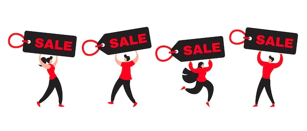 Männliche und weibliche figur, die black friday sale tag flat illustration hält