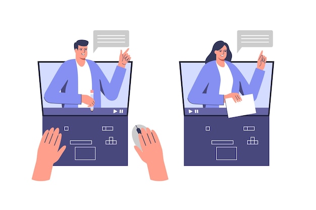 Vektor männliche und weibliche lehrer führen online-unterricht durch videokurs webseminar fernunterricht
