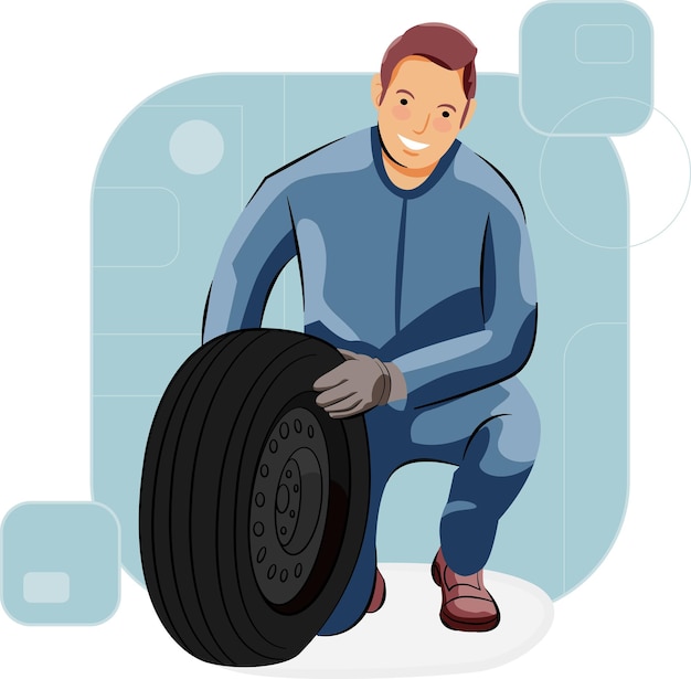 Männlicher Arbeitermechaniker, der Autoreifen und Ersatz in der Autowerkstatt repariert Reifen bereit zur Reparatur