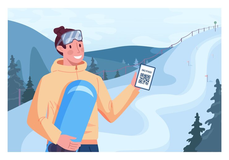 Vektor männlicher charakter, der einen skipass zum snowboarden hält. snowboarder