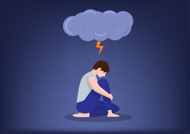 Männlicher Charakter, der sich deprimiert fühlt, als wäre er allein und weint vor Traurigkeit. Psychische Krankheit Konzept traurige oder flache Illustration