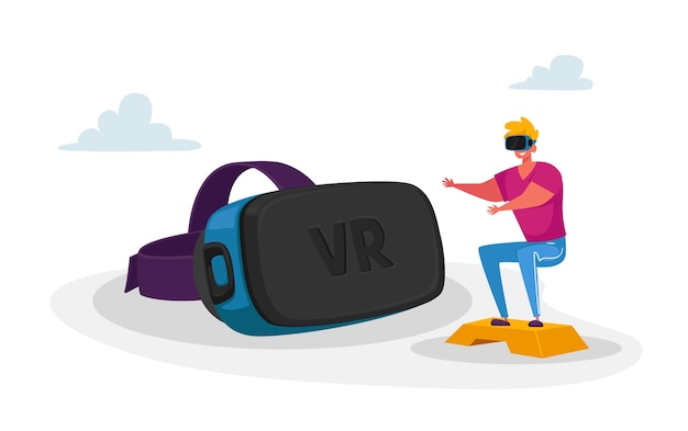 Männlicher charakter im vr goggles training im cyberspace der virtuellen realität