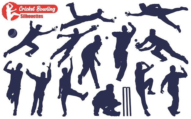 Männlicher cricket-spieler, bowling-silhouetten, vektor-illustrationspaket