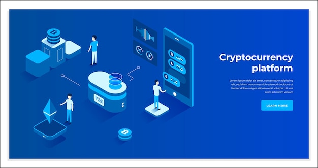 Männlicher digitaler handel auf kryptowährungsplattform cyberspace blockchain isometrischer zielseitenvektor